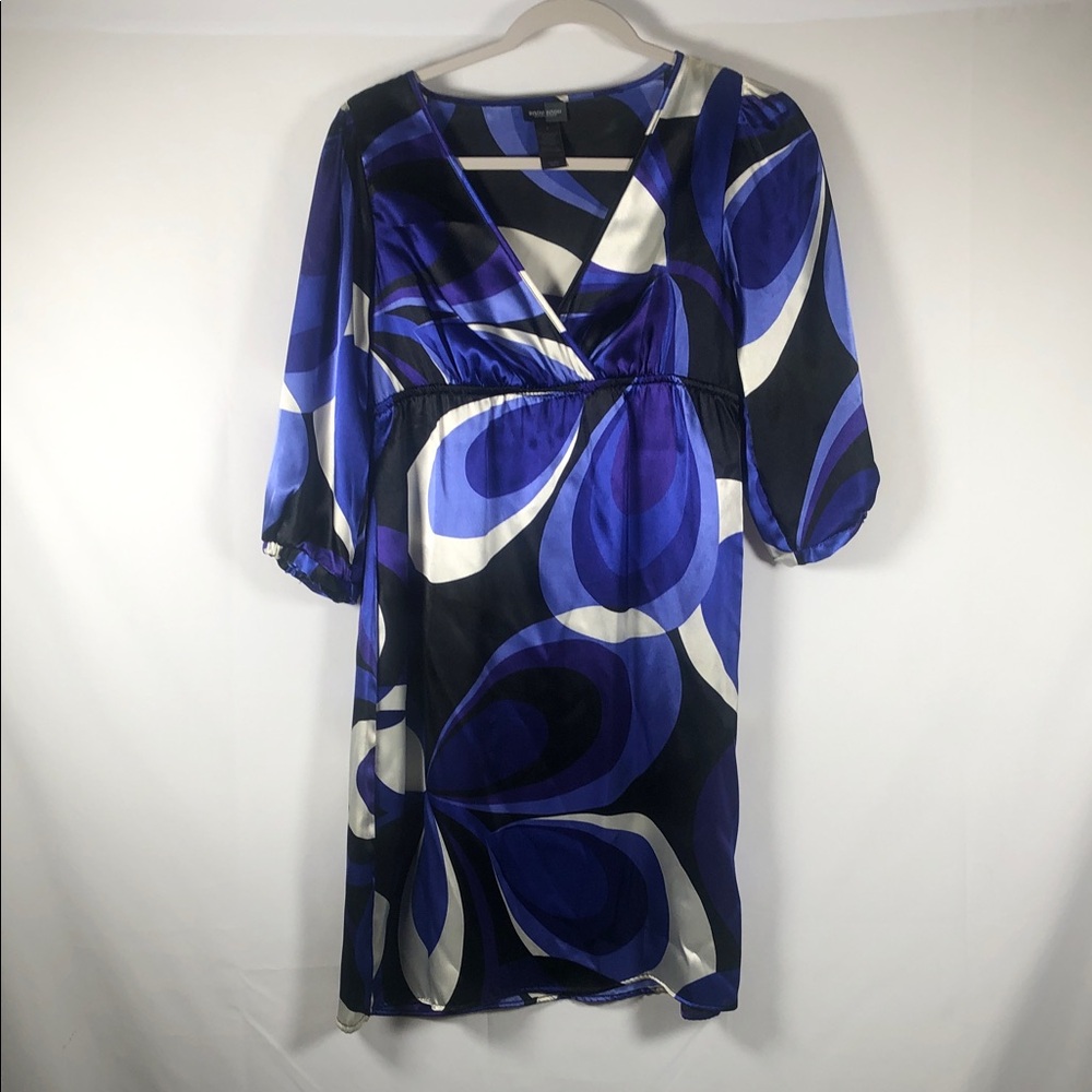 Blue &‎ White Abstract 70s inspired Print V-Neck Babydoll Dress